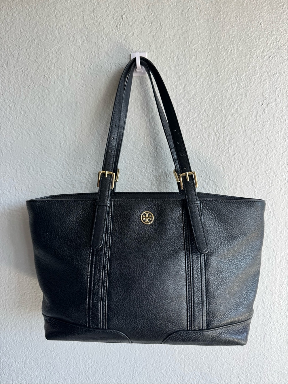 Tory Burch Black Leather Pebbled Tote with Gold Logo